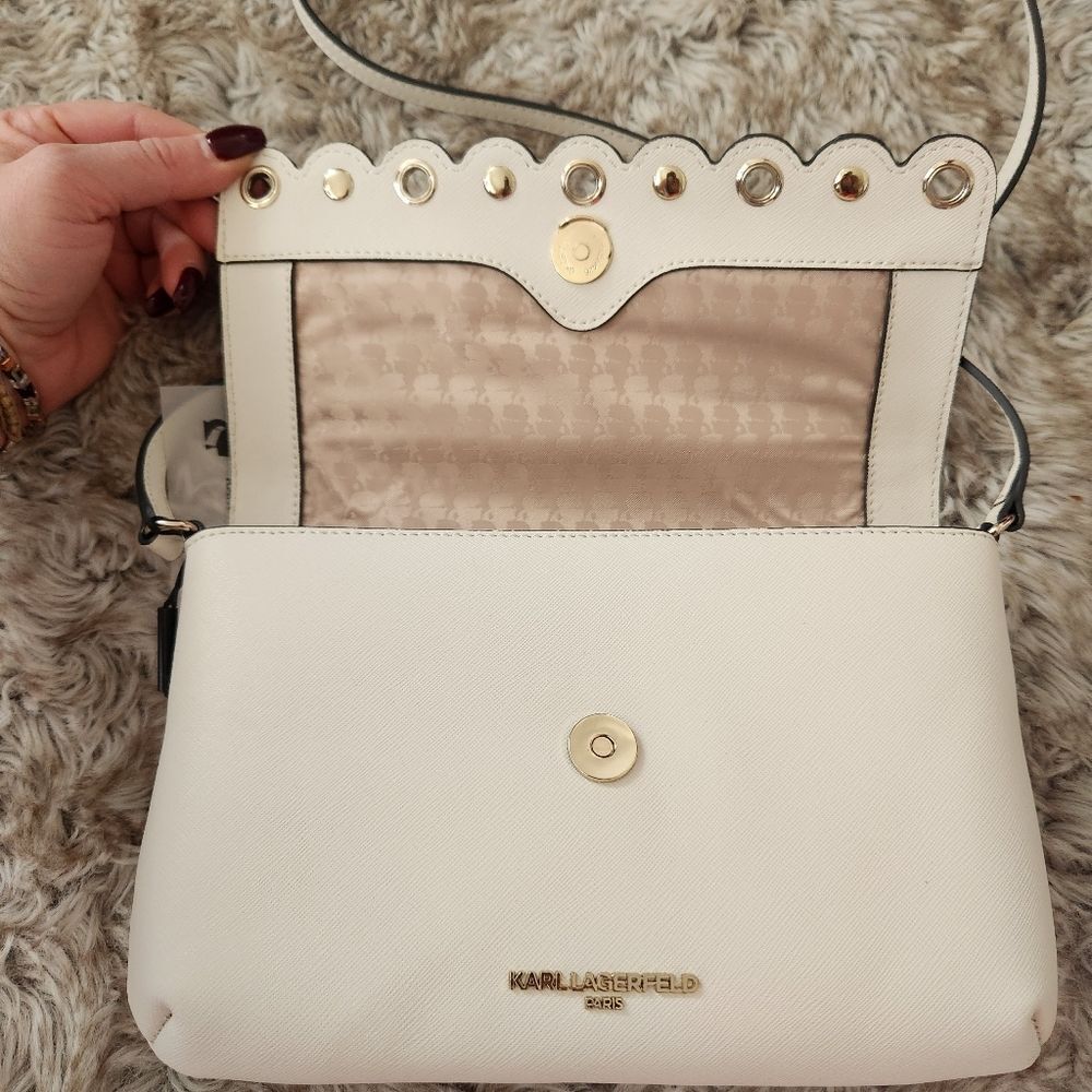 Karl Lagerfeld Paris Elsa Scalloped Flap Pearl Detail Crossbody Bag in Ivory - Picture 7 of 12